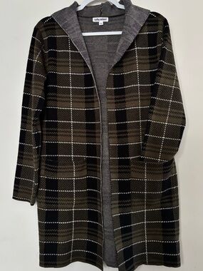 Kathy Ireland Dark Olive Brown. Black Plaid Hooded Open Cardigan-size L